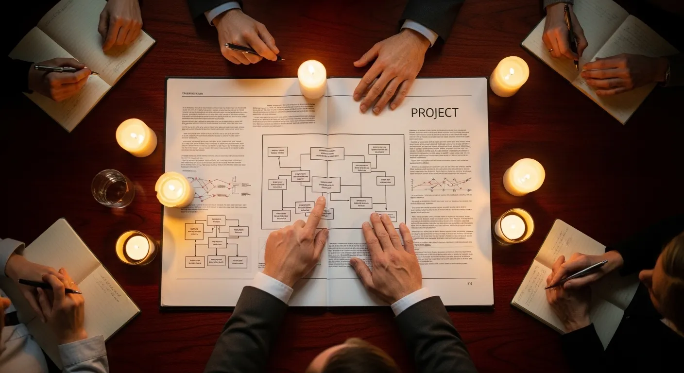 A top-down view of a candlelit brainstorming session, where one person's hands point to a central chart on a large document.