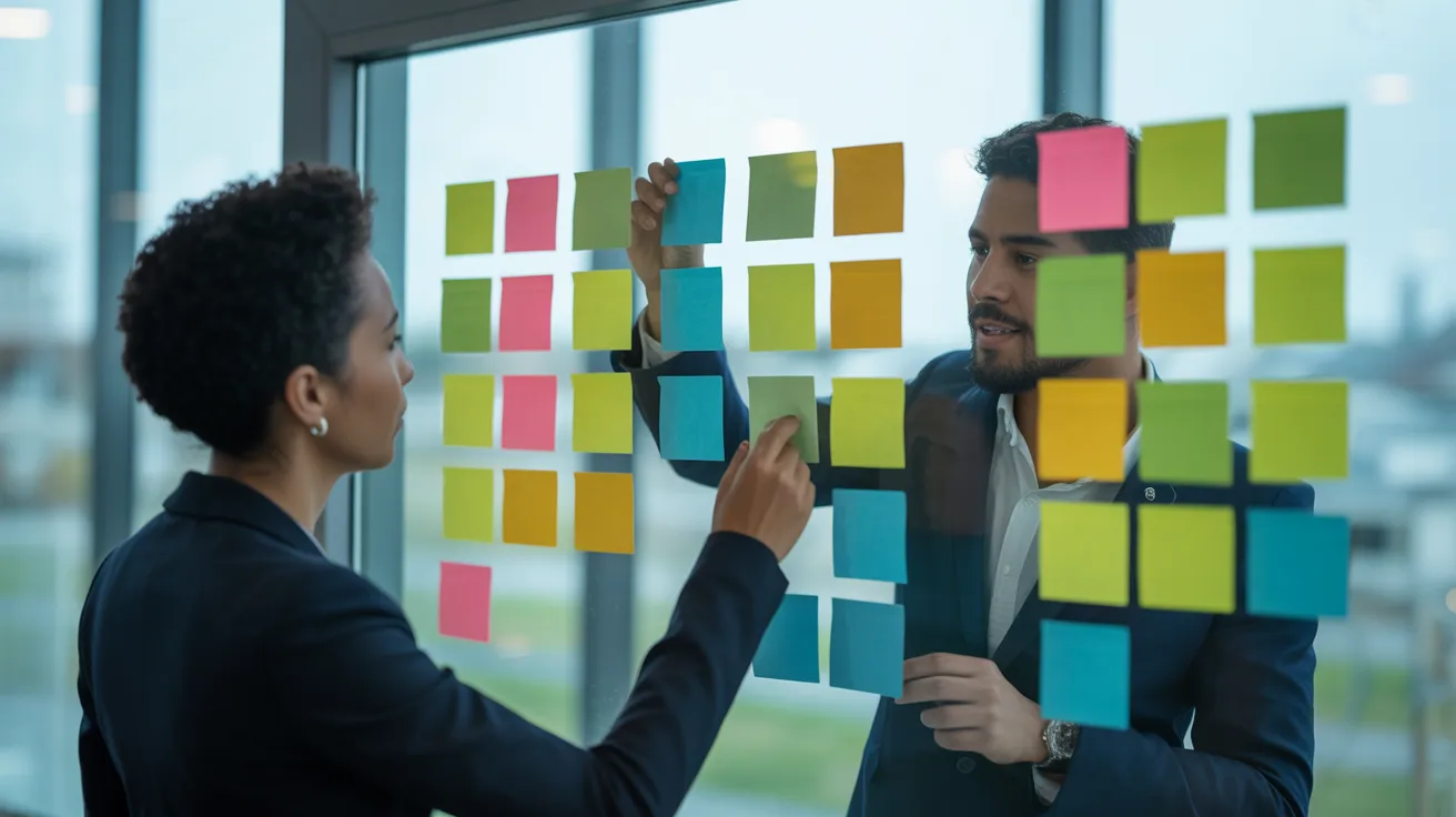 Two colleagues in a bright, contemporary office organize a weekly schedule using different colored sticky notes on a large glass wall.