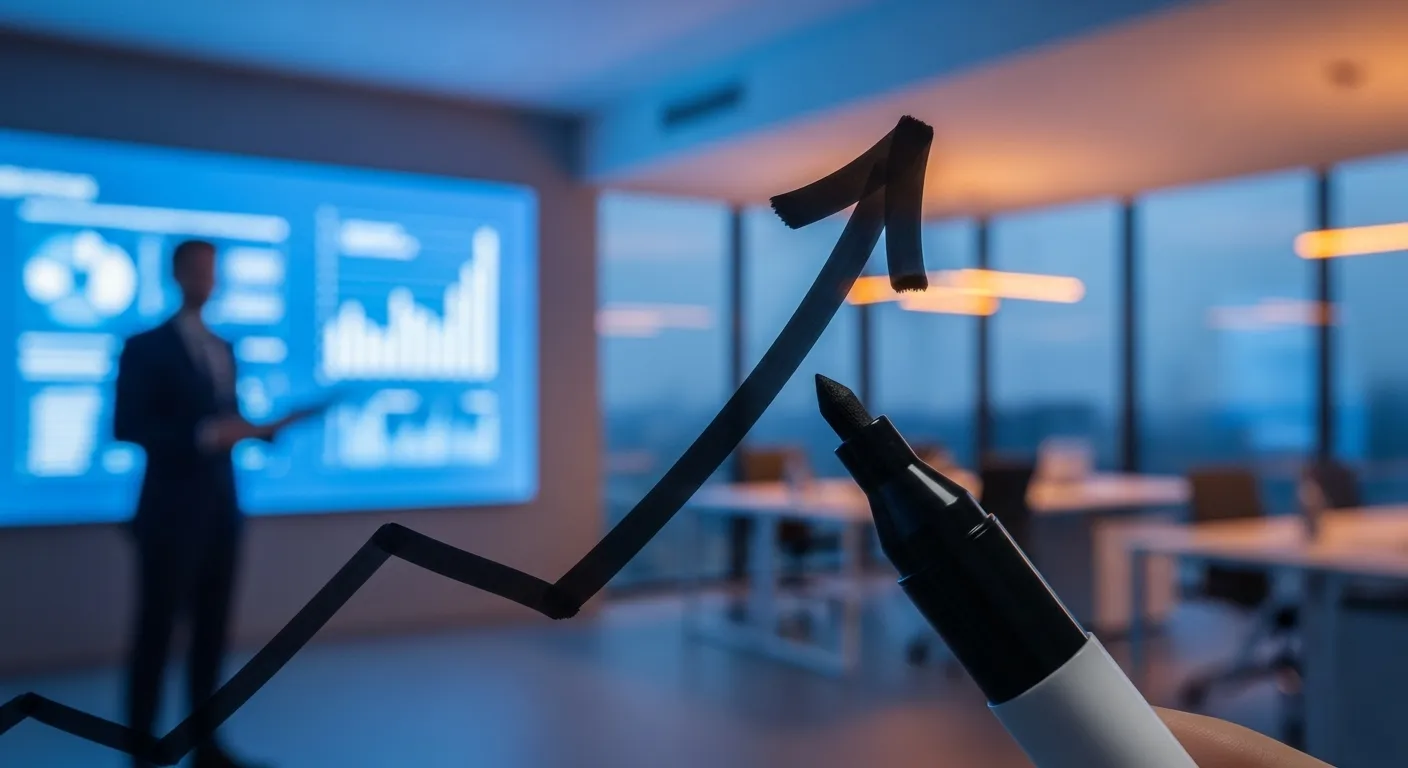 A close-up of a marker drawing a strategic arrow on a whiteboard, with the silhouette of a presenter in a modern office at dusk.