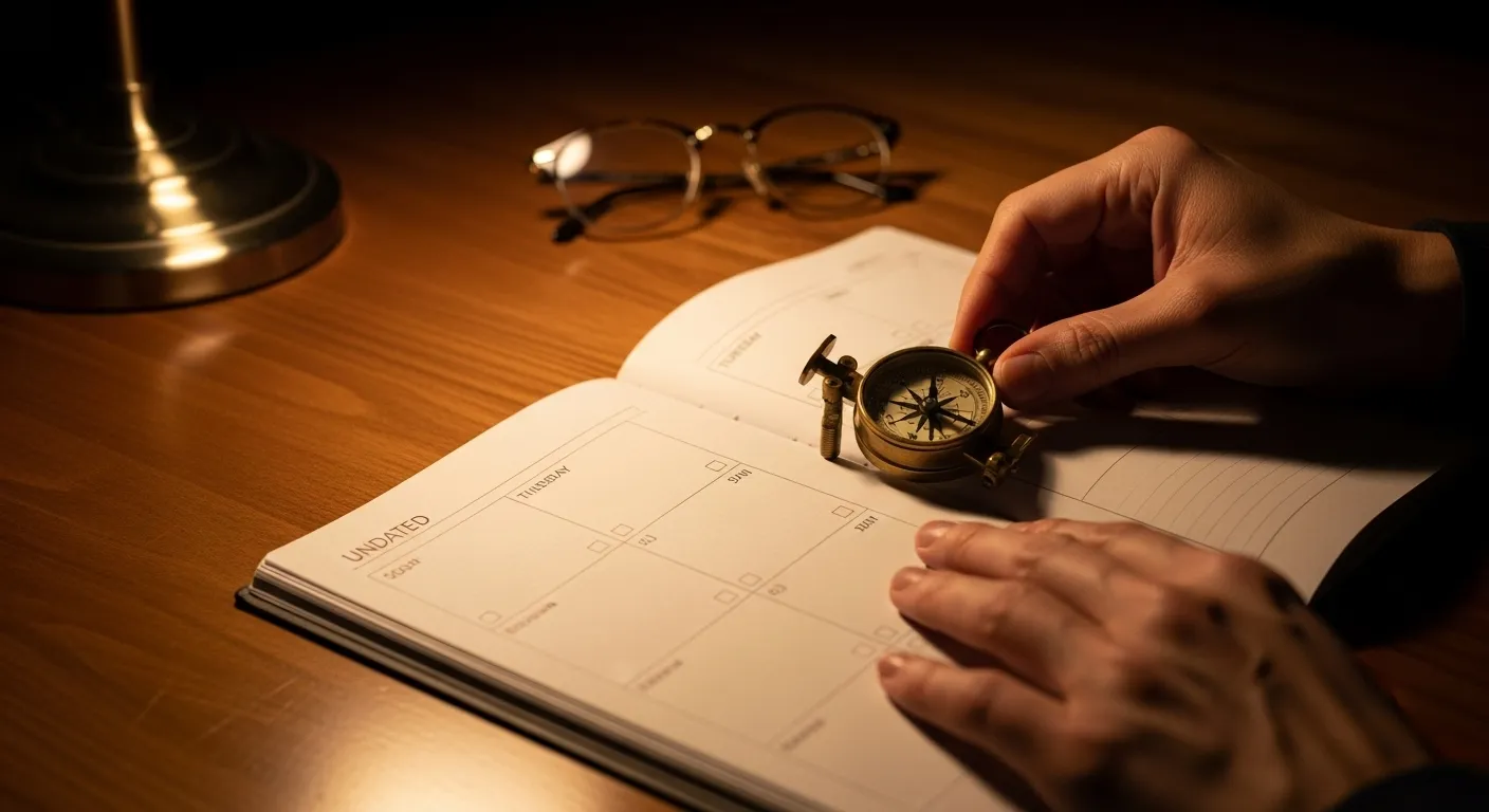 A close-up of hands setting a brass compass onto a blank grid planner on a wooden desk, lit by a warm lamp.
