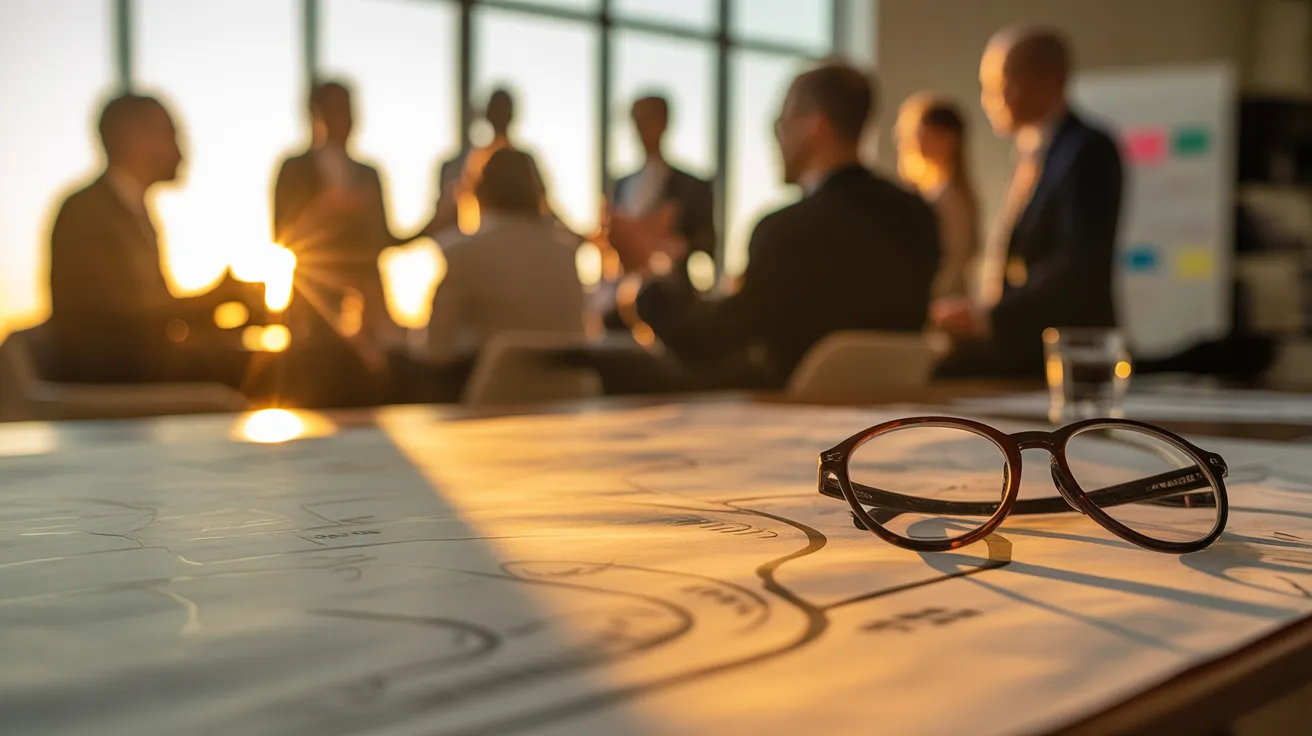 A detailed close-up of a hand-drawn strategic map on a table, bathed in warm sunset light, with colleagues collaborating in the background.