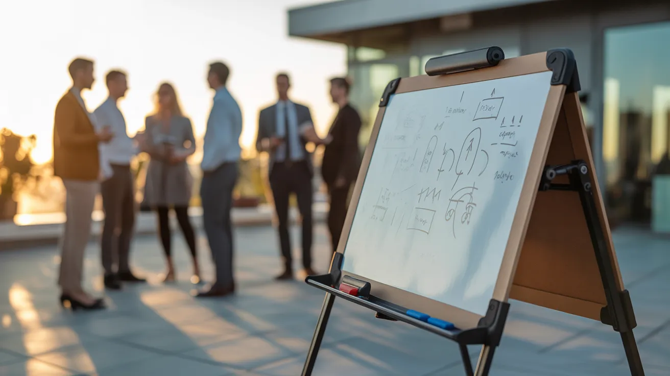 A whiteboard covered in strategic diagrams stands on a rooftop terrace at sunset, with a team collaborating in the background.
