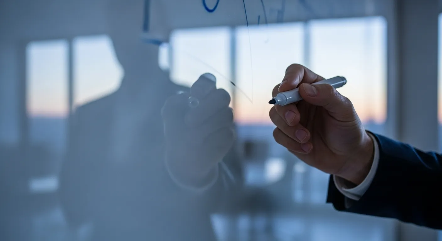 A close-up of a hand holding a marker over a glass whiteboard, with the blurred reflection of an office visible during twilight.