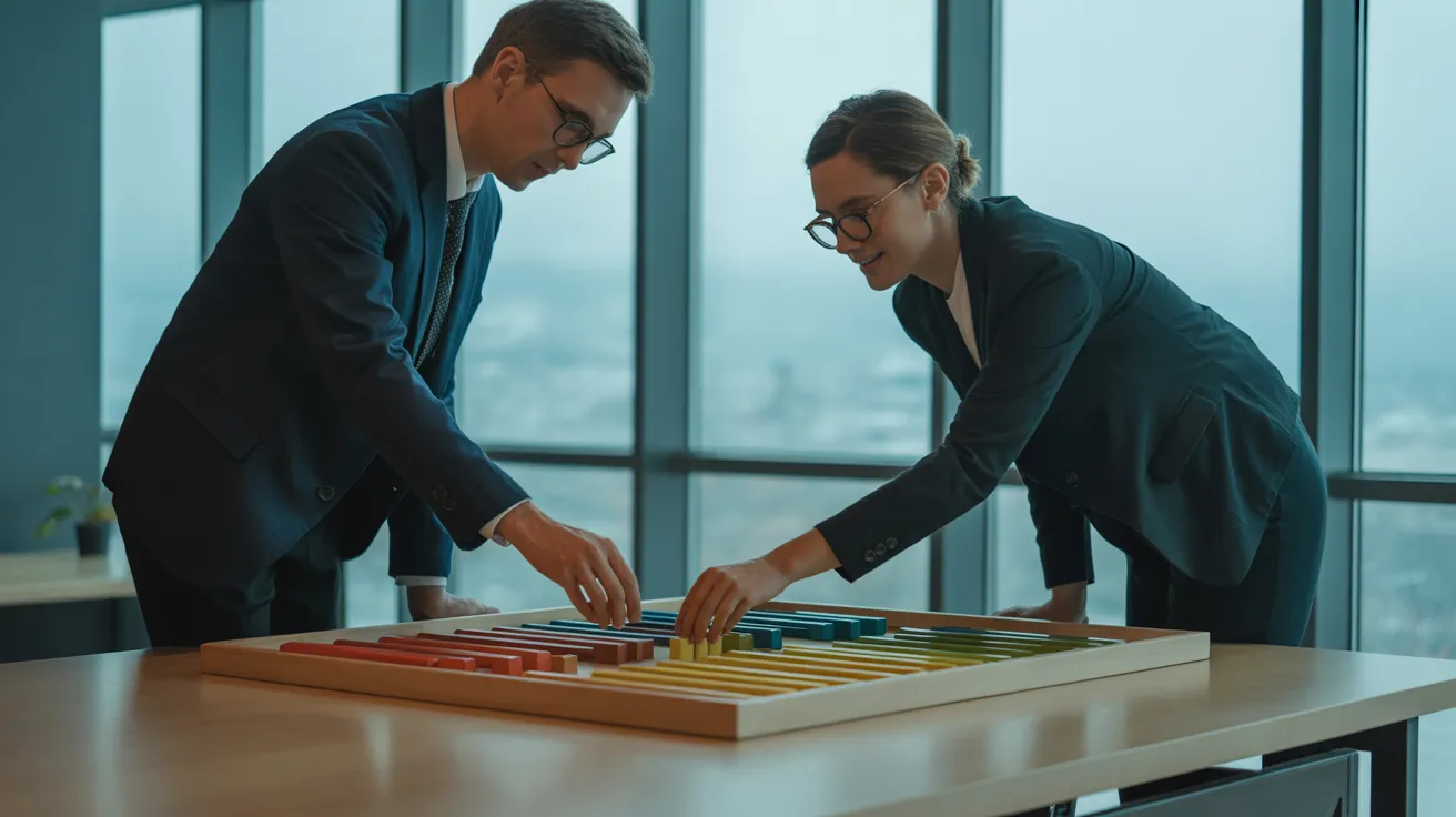 Two colleagues work together to arrange colorful blocks into a tray in a modern office, a visual metaphor for building an efficient system.