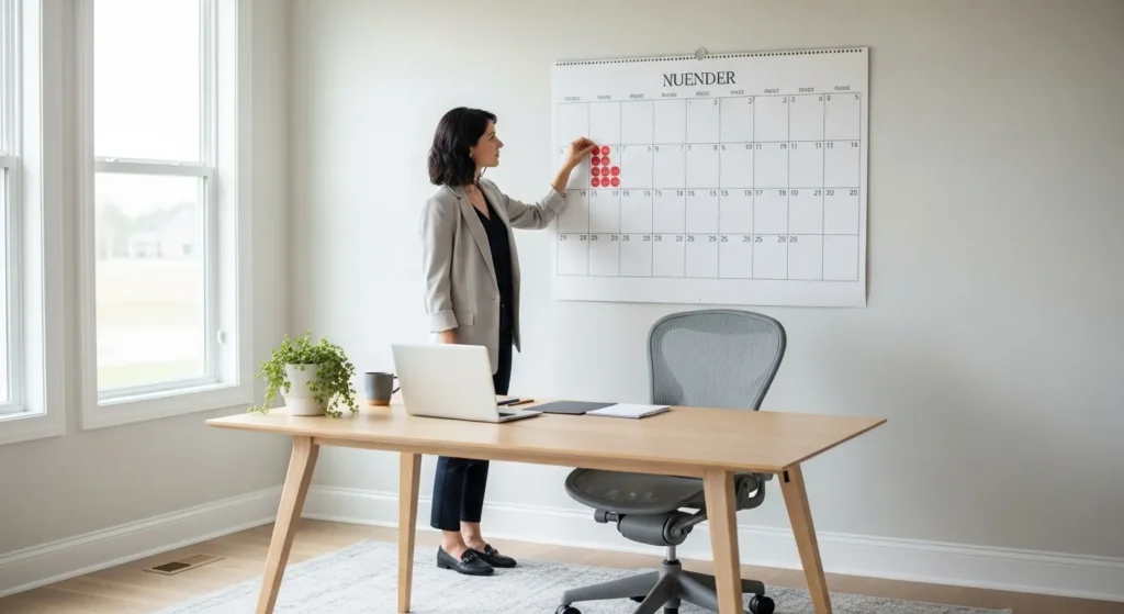A person stands at their organized desk in a sunlit room, placing a marker on a large wall calendar, planning their system for focus.