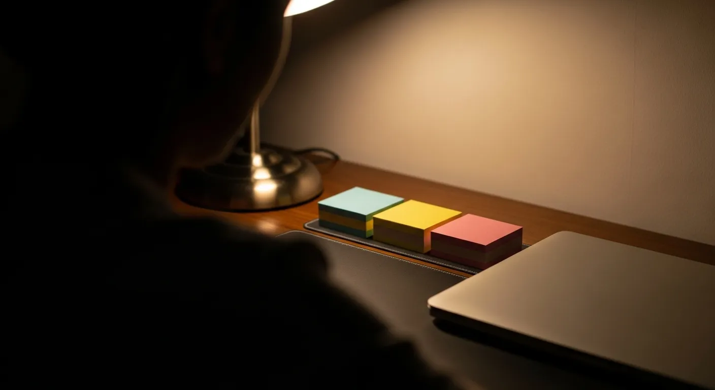 A close-up of a tidy desk at night, showing neat stacks of colored cards next to a laptop, viewed from over a person's shoulder.