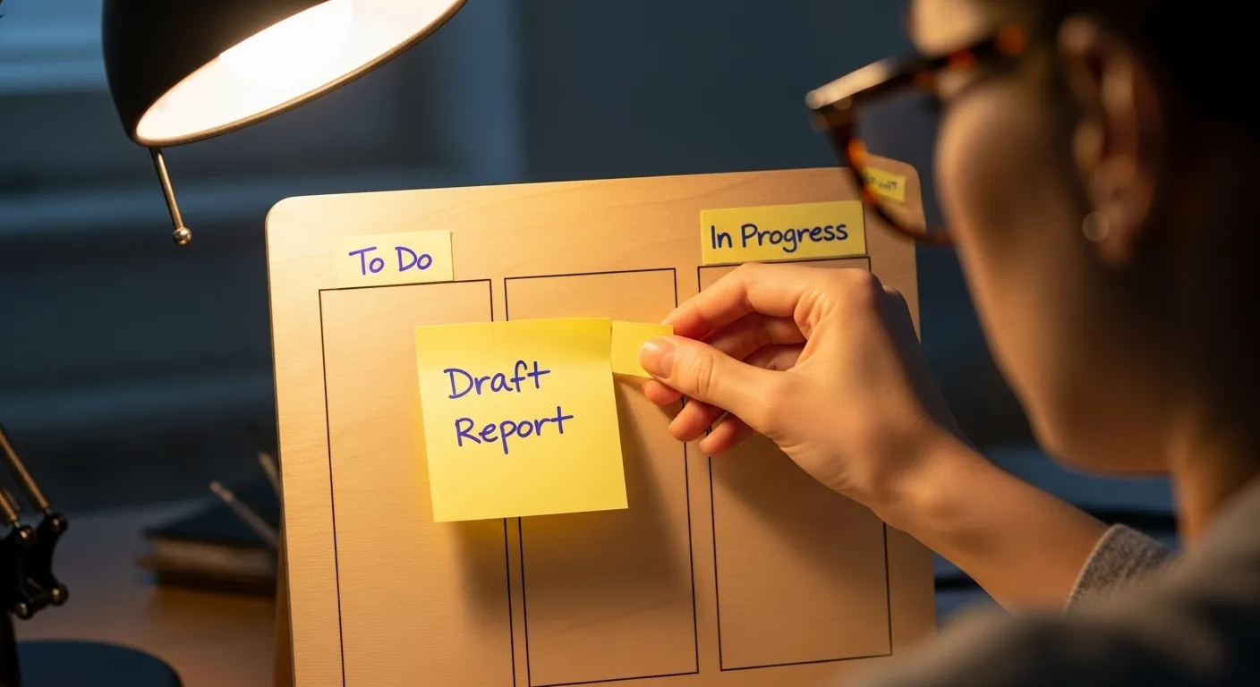 A person's hand moves a yellow sticky note on a whiteboard with columns, lit by a warm desk lamp in a dim room.