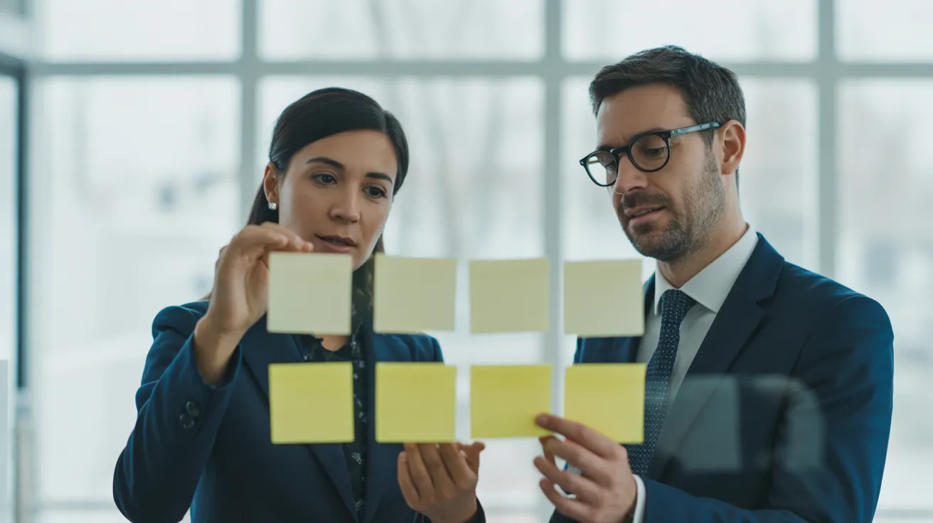 Two colleagues plan their day using different sized sticky notes on a glass wall to visualize priorities in a contemporary office setting.