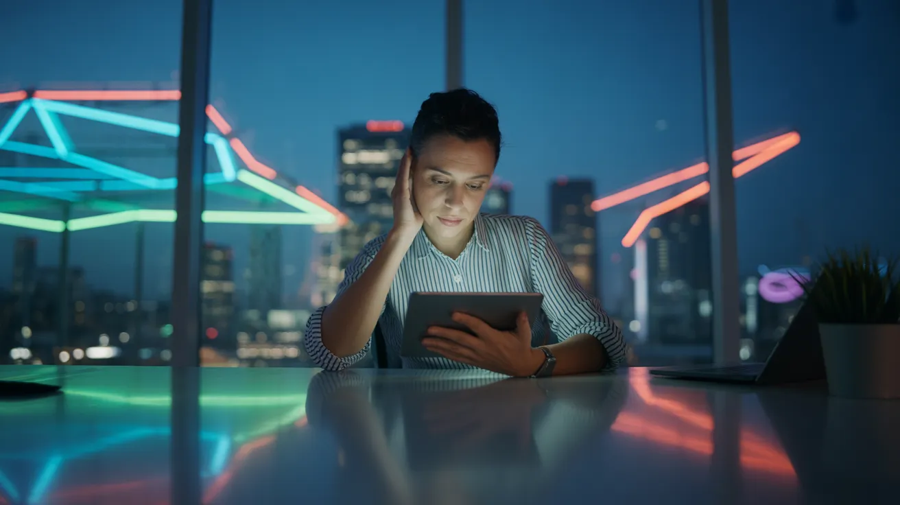 A person in a dark office at night, lit by a tablet screen and neon city lights, reviewing a long list.