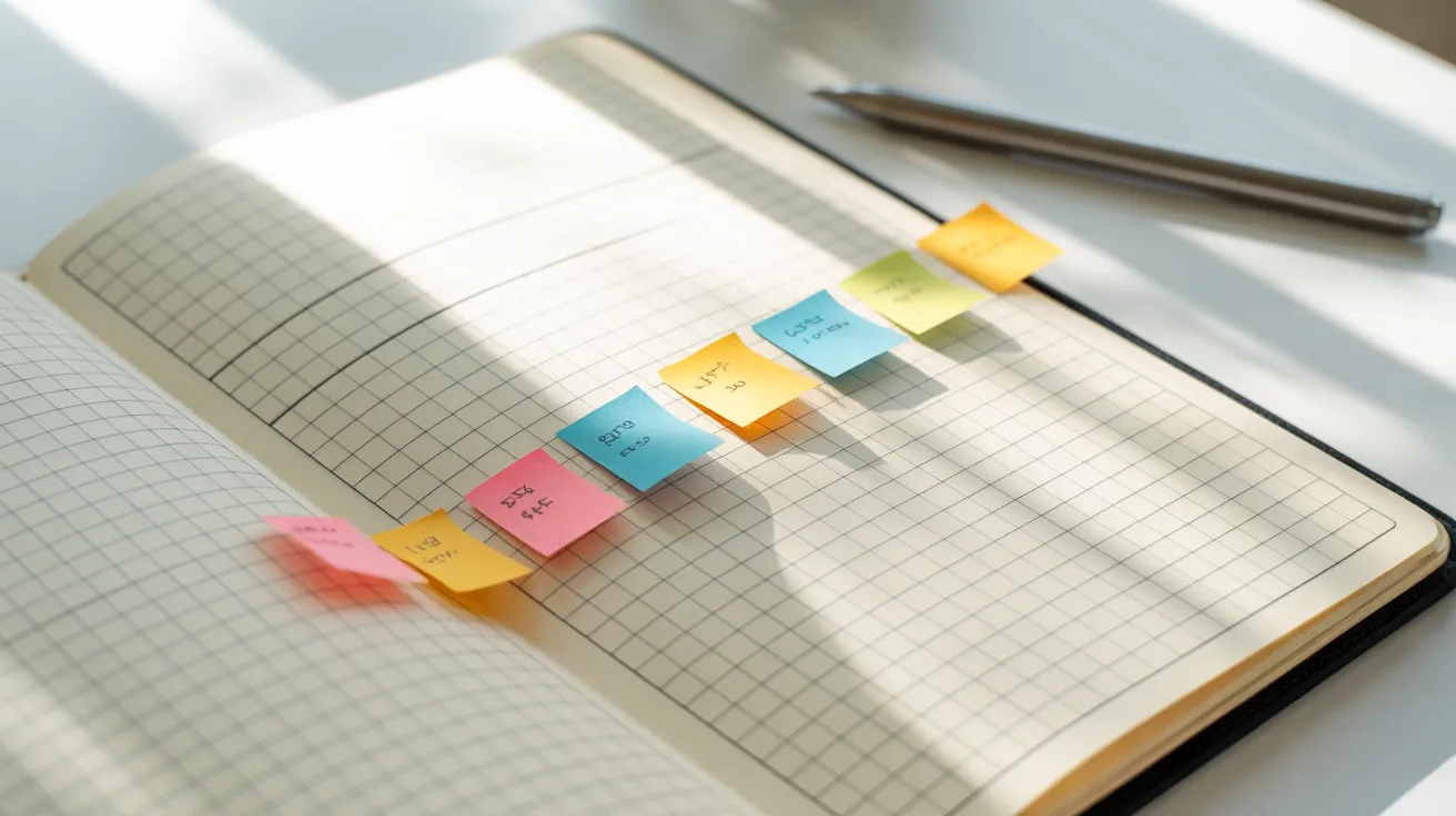 A top-down view of an open notebook with a sequence of colorful sticky notes on its pages, symbolizing breaking a project into smaller tasks.