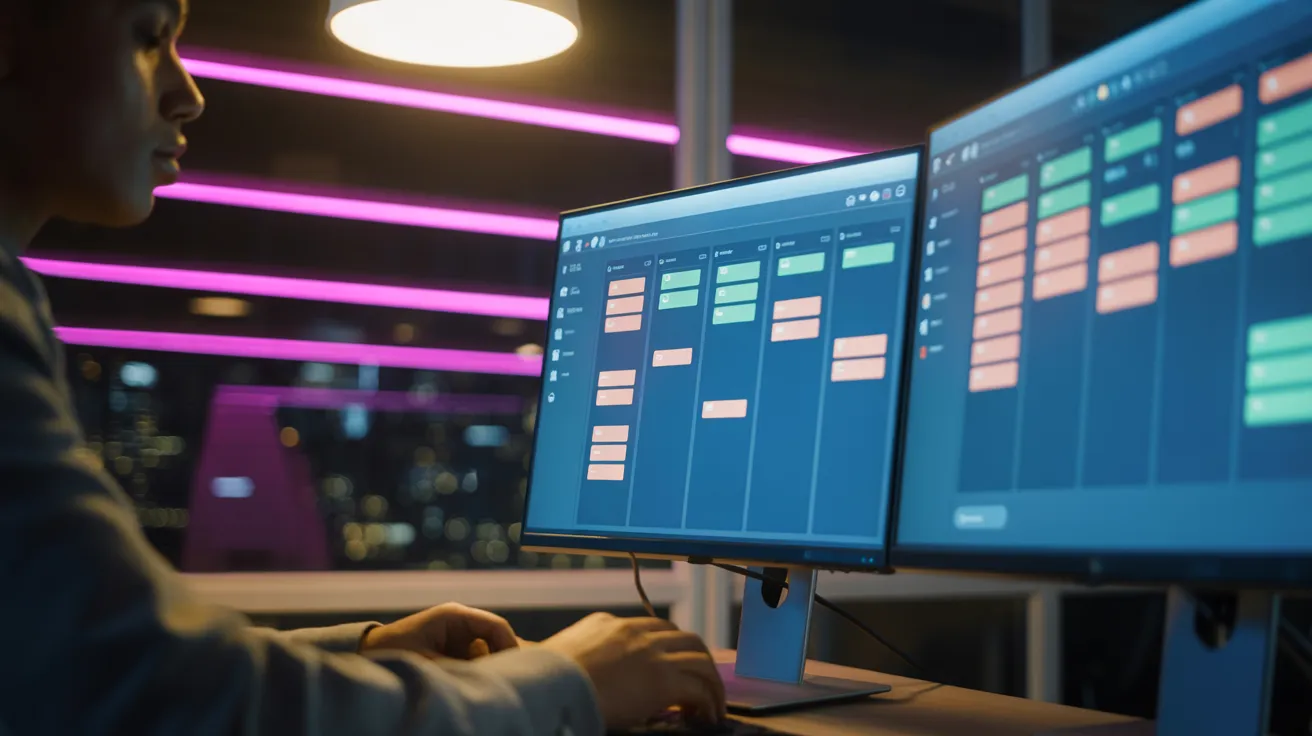 A person at a desk with two computer monitors at night, with the room lit by a neon sign from the window.