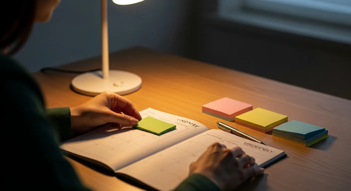 A person's hand places a small green sticky note onto a planner grid under the warm glow of a desk lamp, with stacks of other colored notes nearby.