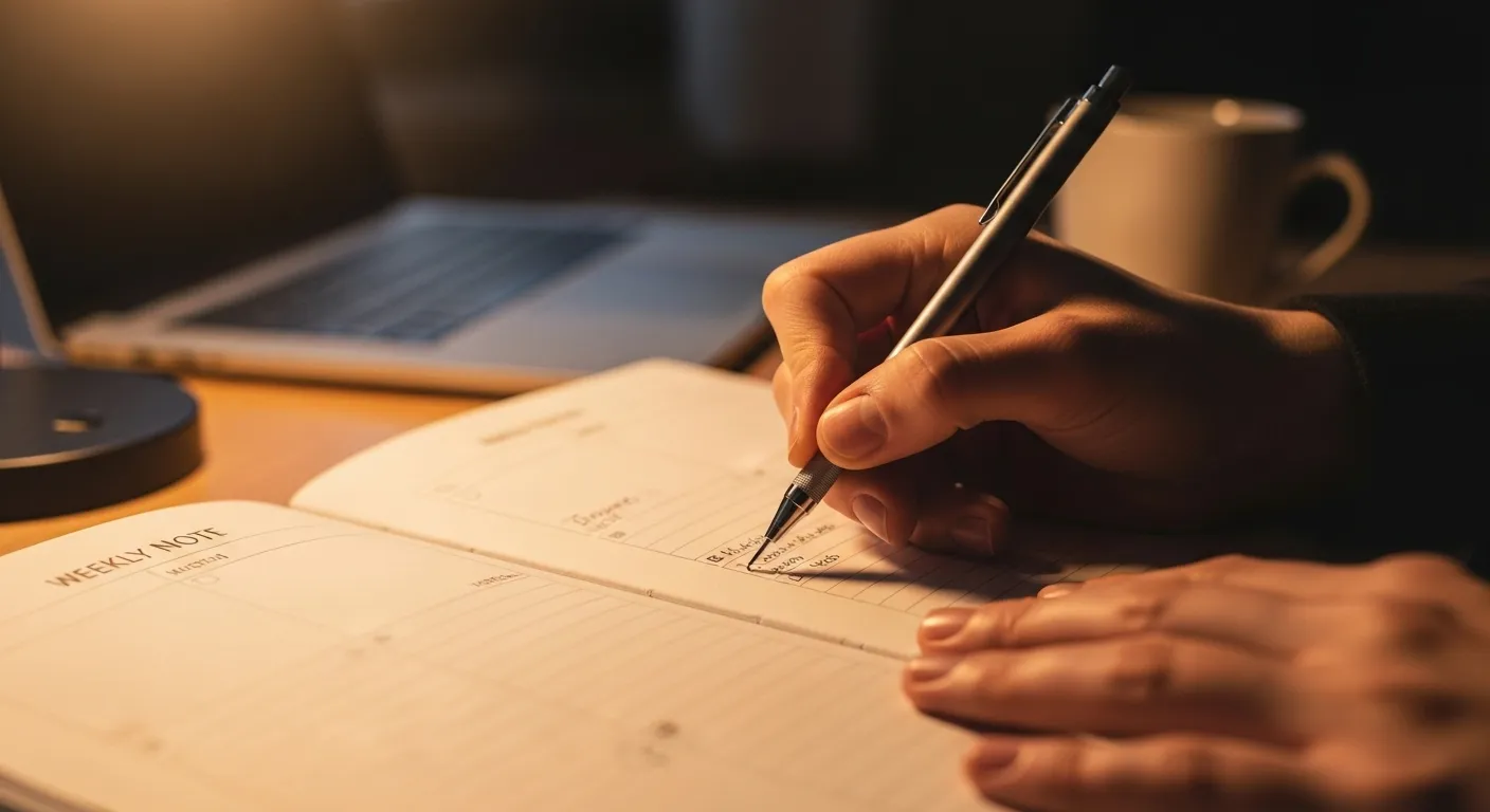 A close-up of a person writing in a planner at a desk illuminated by a warm lamp.