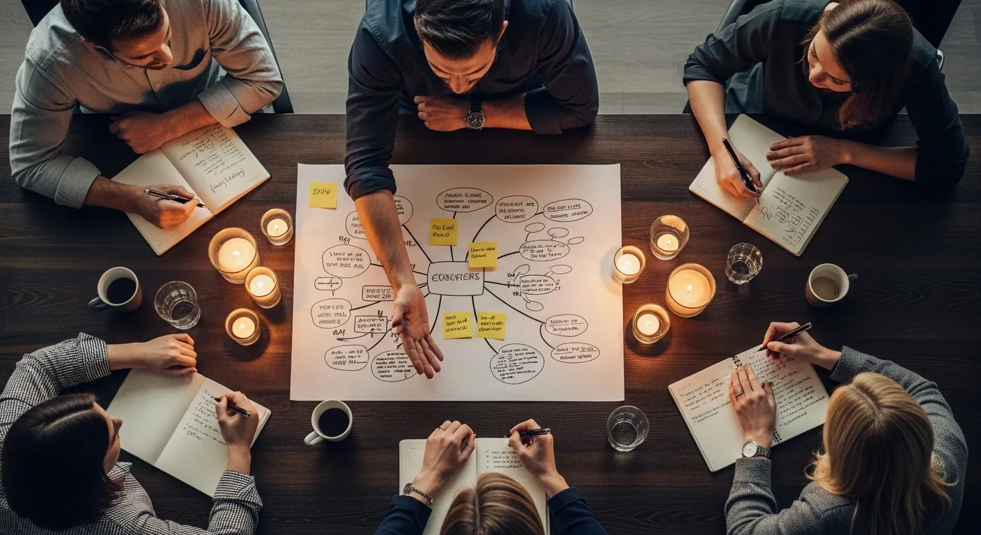 A top-down view of a team brainstorming around a candlelit table, focusing on a central mind-map with notebooks and pens.