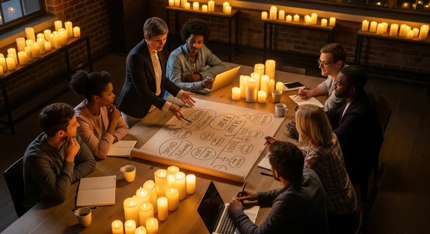 A high-angle view of a team at a candlelit table, collaborating on a large paper filled with notes during a late-night strategy session.