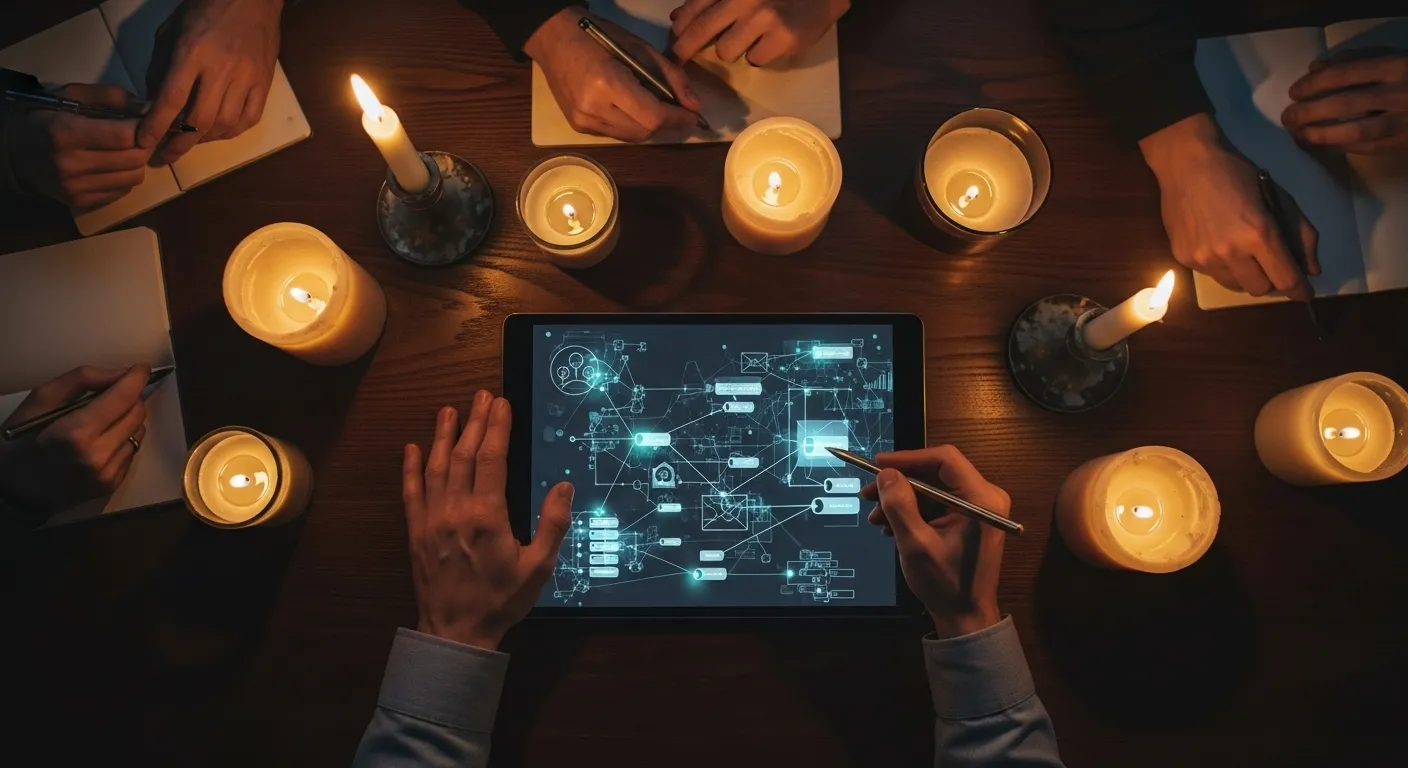 Top-down view of a candlelit table where a person uses a stylus on a tablet with an abstract UI, surrounded by the hands of their team.
