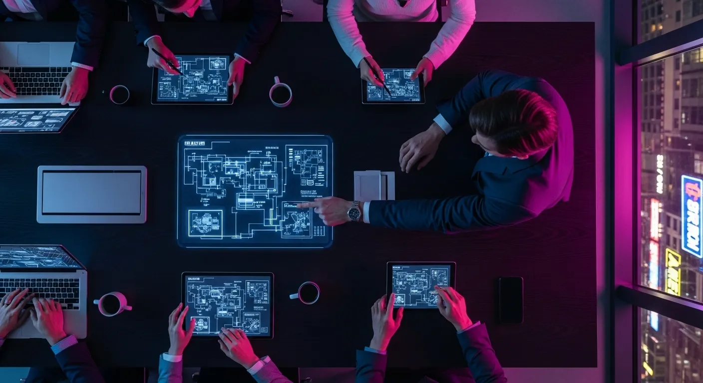 An overhead view of a team brainstorming around a dark table at night, illuminated by colorful neon light from an unseen window.