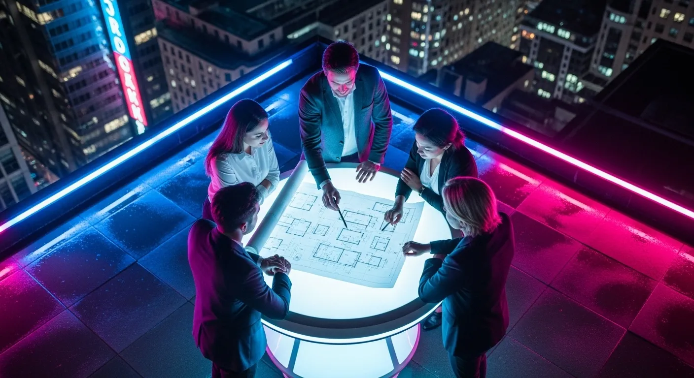 Top-down photo of a team meeting at night around a glowing table, with a leader's hand pointing at a large document under neon city lights.
