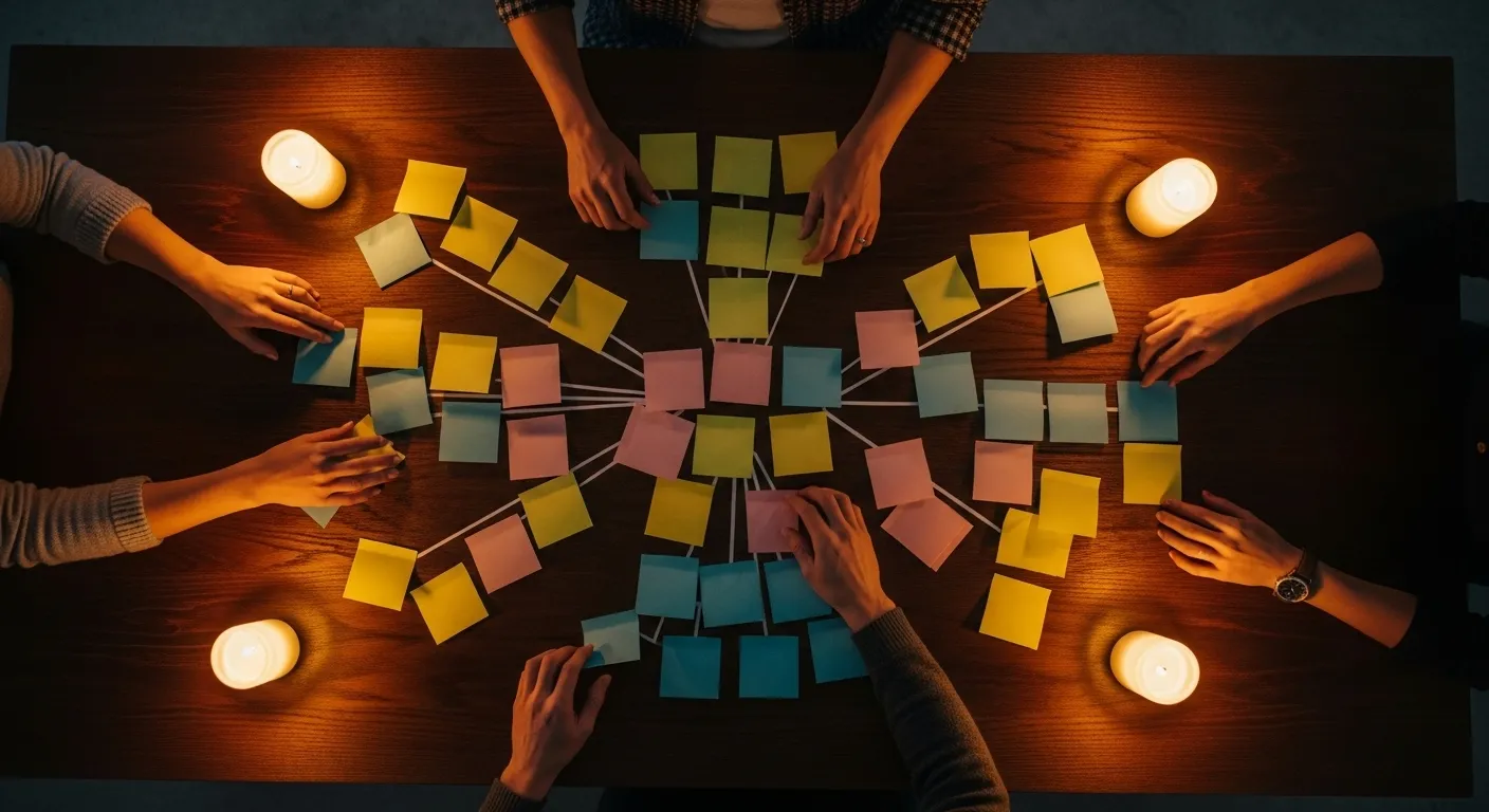 An overhead view of a candlelit brainstorming session, with hands moving colorful sticky notes around on a dark wooden table.