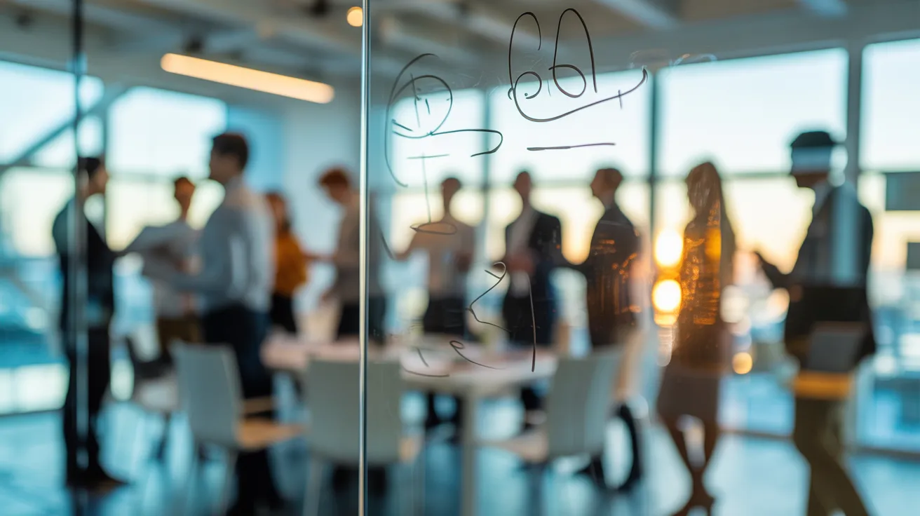 A close-up of a glass whiteboard with abstract notes, with a diverse team collaborating in a sunlit meeting room in the background.