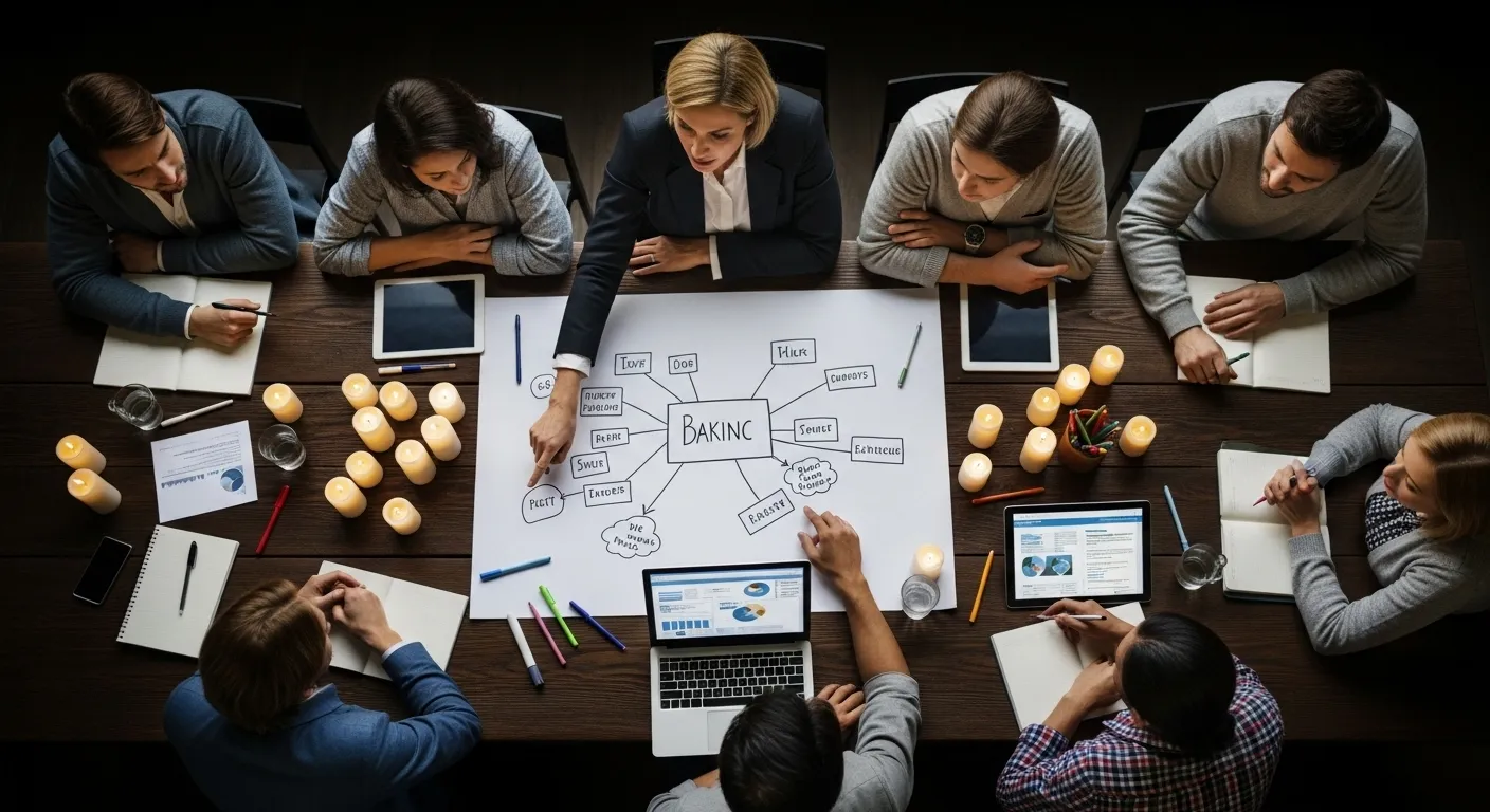 An overhead shot of a team meeting around a table lit by candles, with a person's hand pointing to a diagram in the center.
