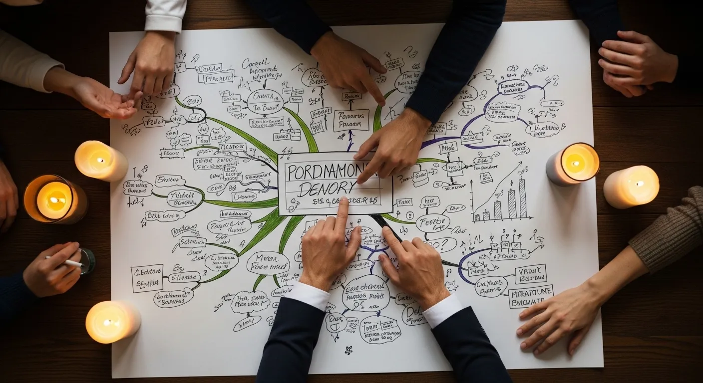 An overhead view of a team brainstorming around a large mind map on a table lit by candlelight.