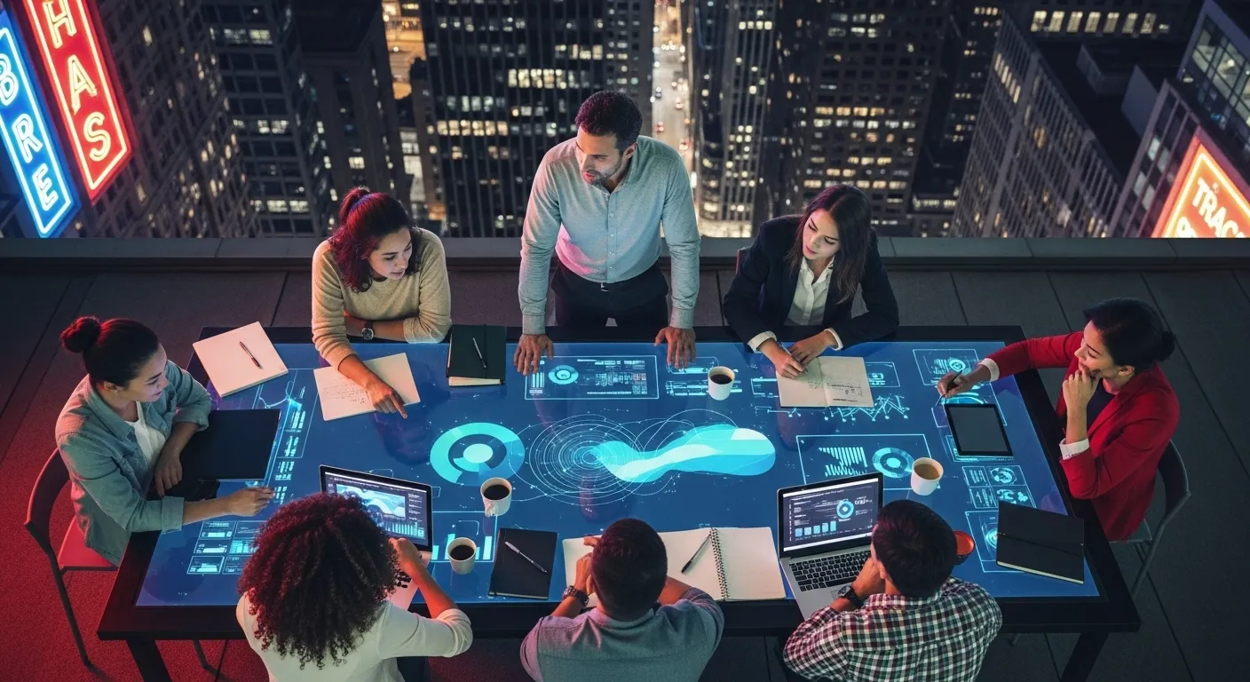 A team works around a large illuminated table on a city rooftop at night, seen from directly above.