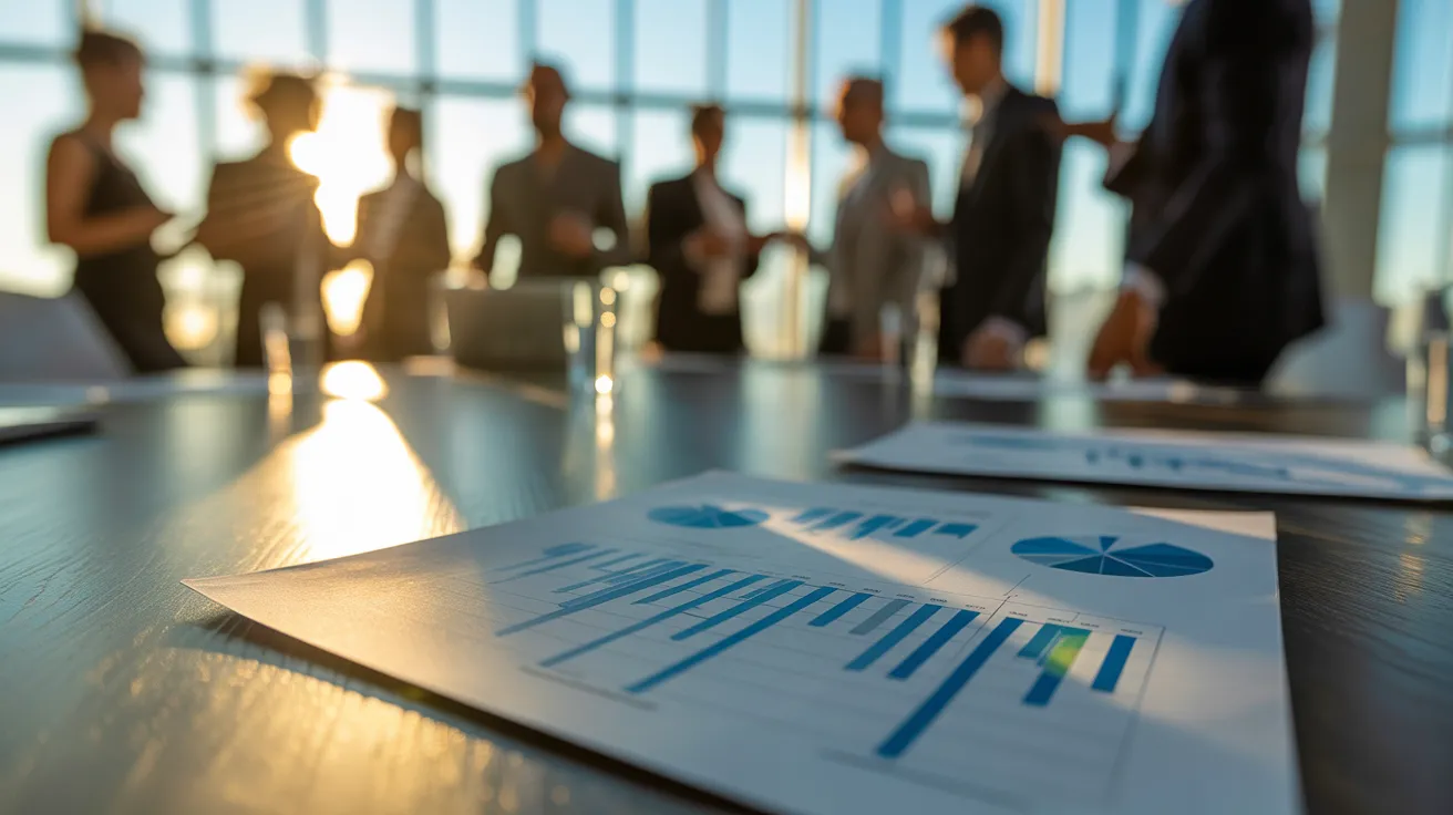 A business report with charts on a conference table, illuminated by warm sunset light, with a team meeting in the background.