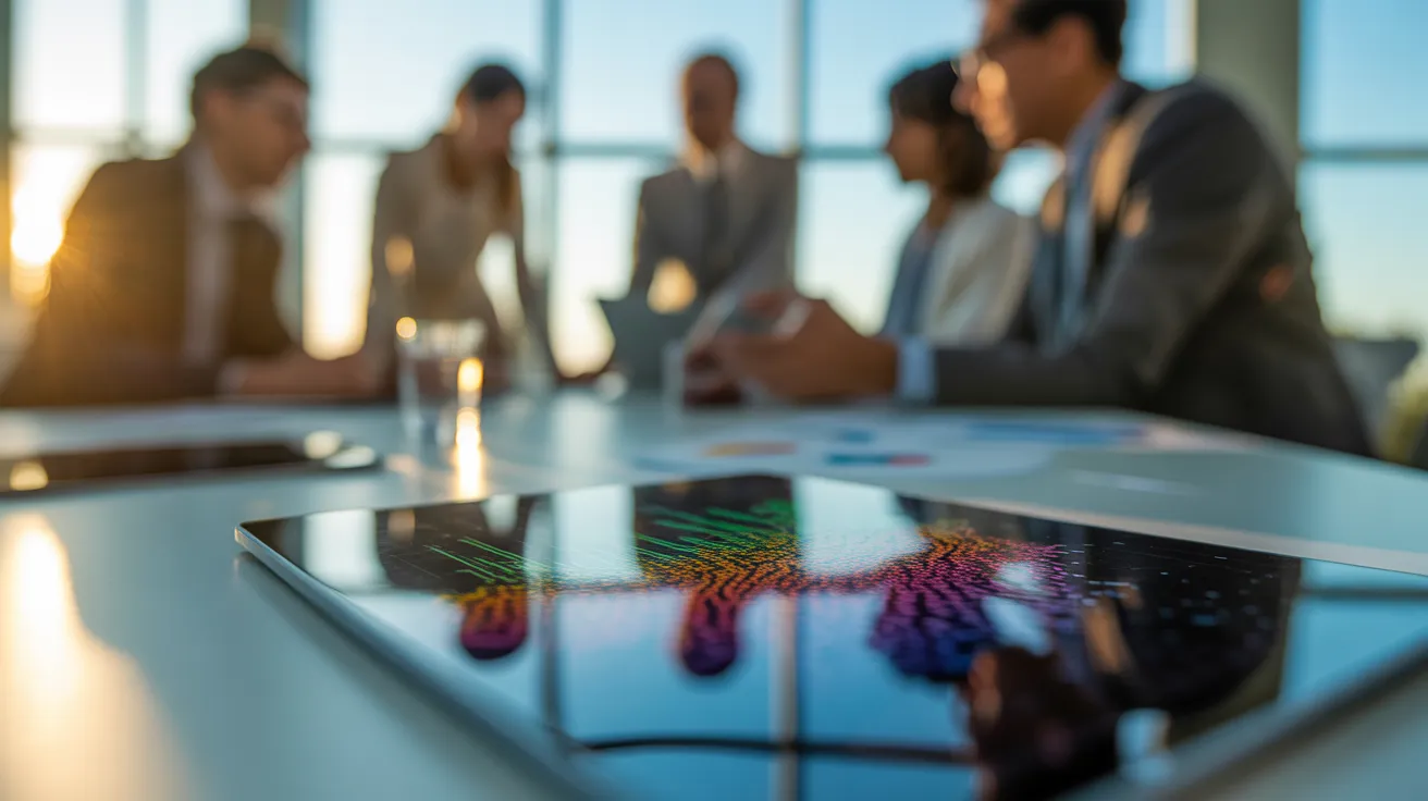 Close-up on a tablet showing a chart, with a team of professionals meeting in a sunlit room in the background.