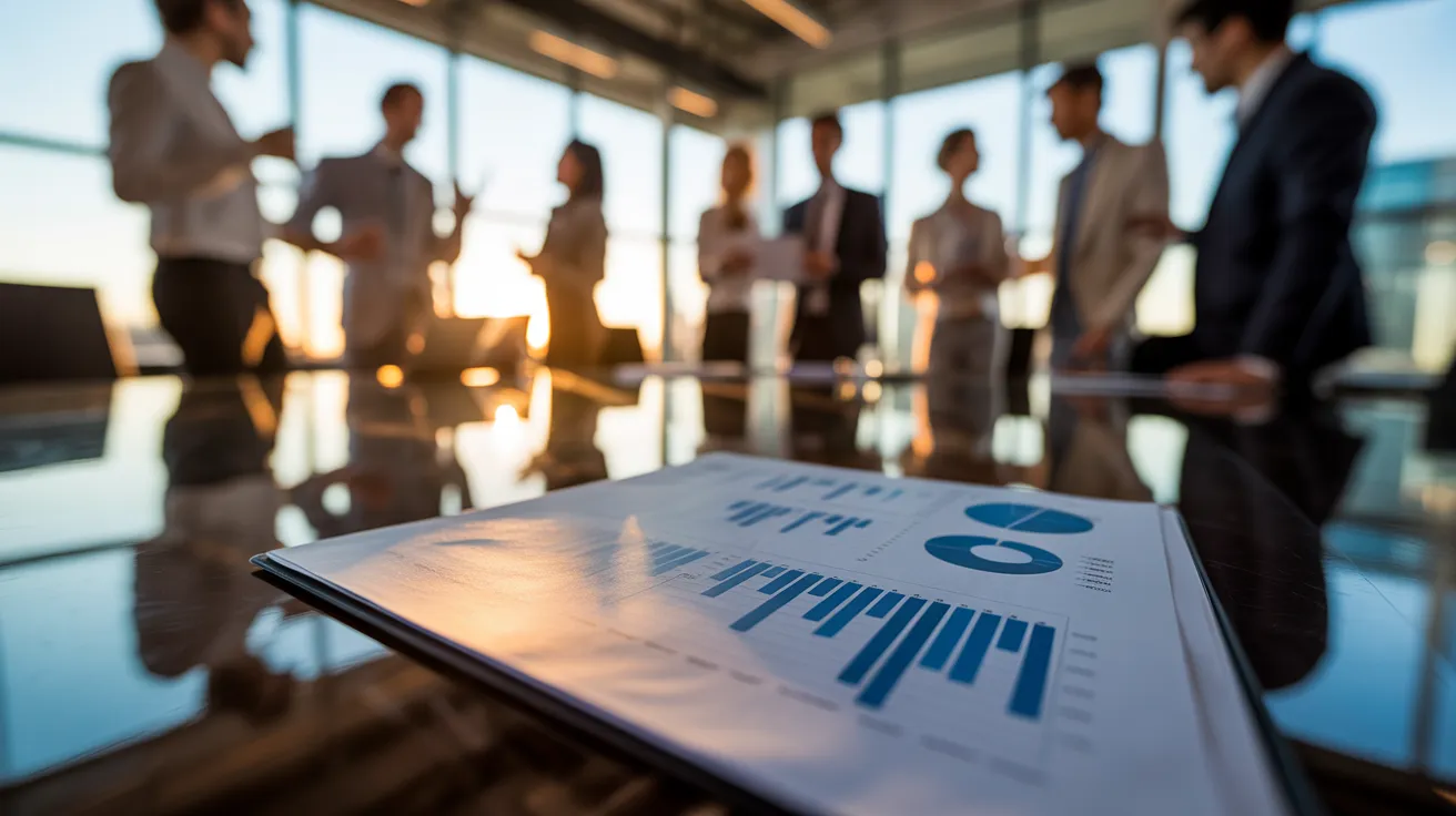 A close-up of a business document on a meeting table, with a team of professionals discussing in the background during a golden hour sunset.