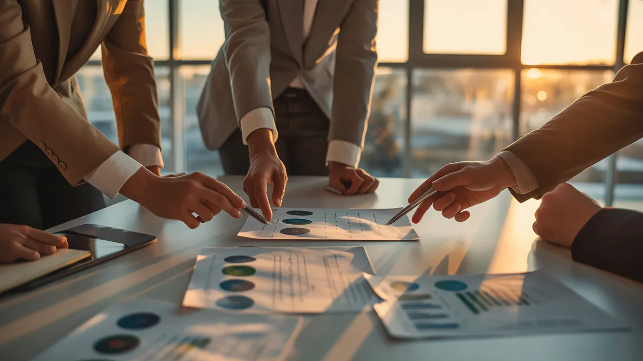 A close-up of a business document on a conference table, with the hands of several diverse colleagues pointing to it during a meeting at sunset.