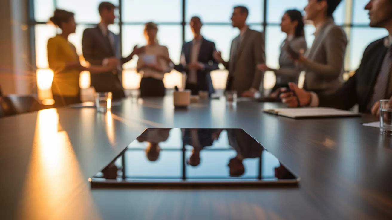 A tablet with a blank screen on a meeting table, illuminated by warm sunset light, with a collaborative team blurred in the background.
