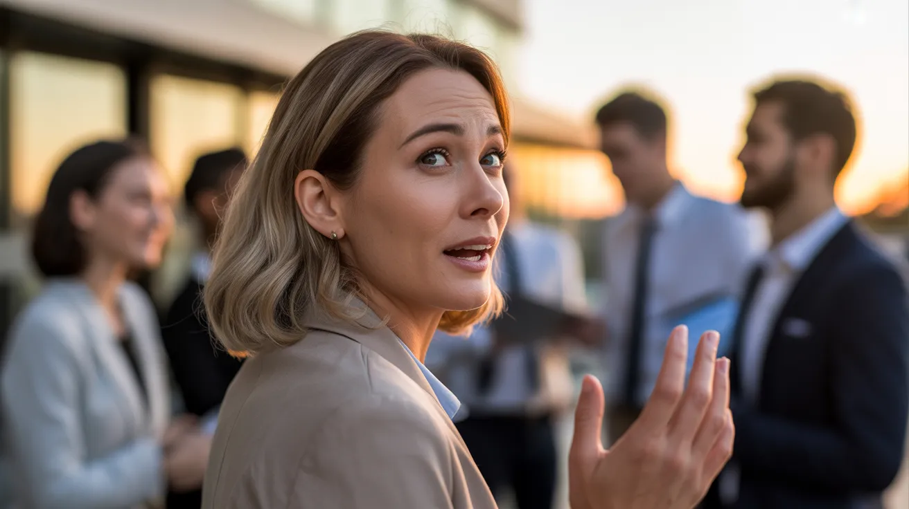 A professional woman, engaged in discussion, is the focus of a close-up shot during a team meeting on a patio at sunset.