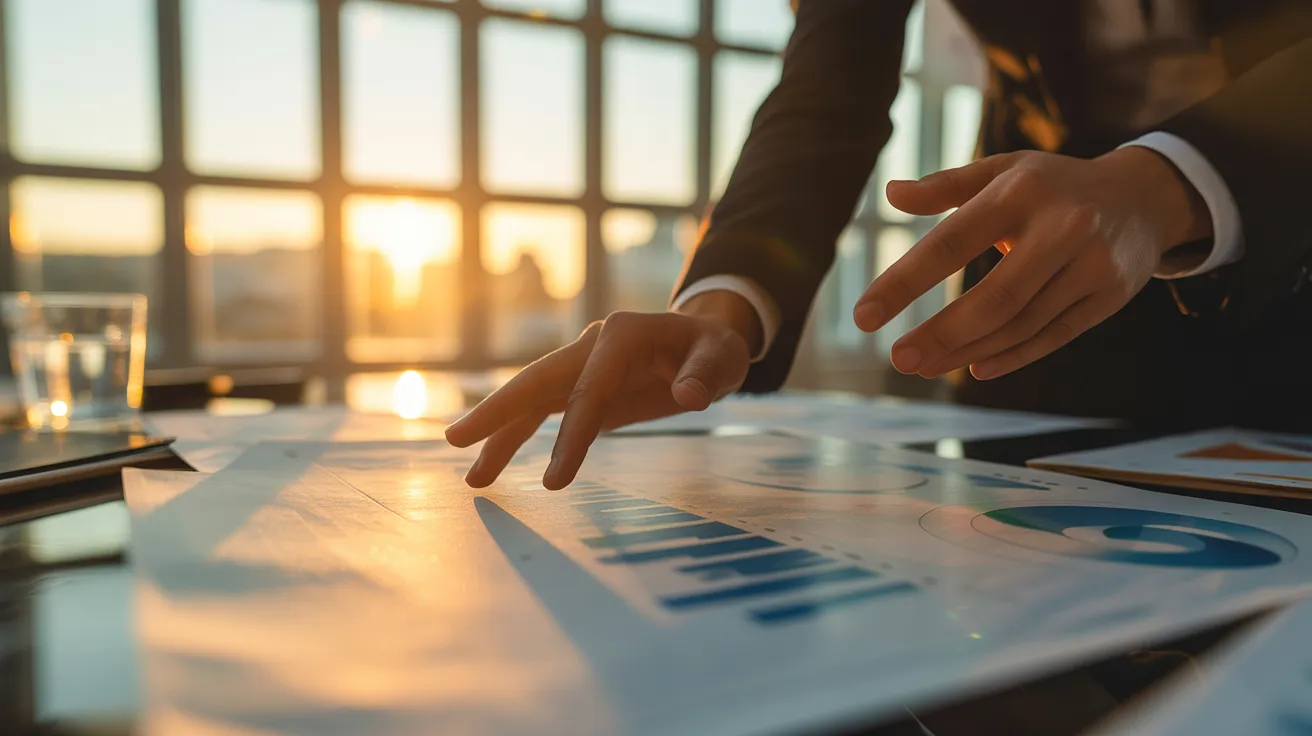 Close-up of hands pointing to an out-of-focus chart on a meeting table during sunset.