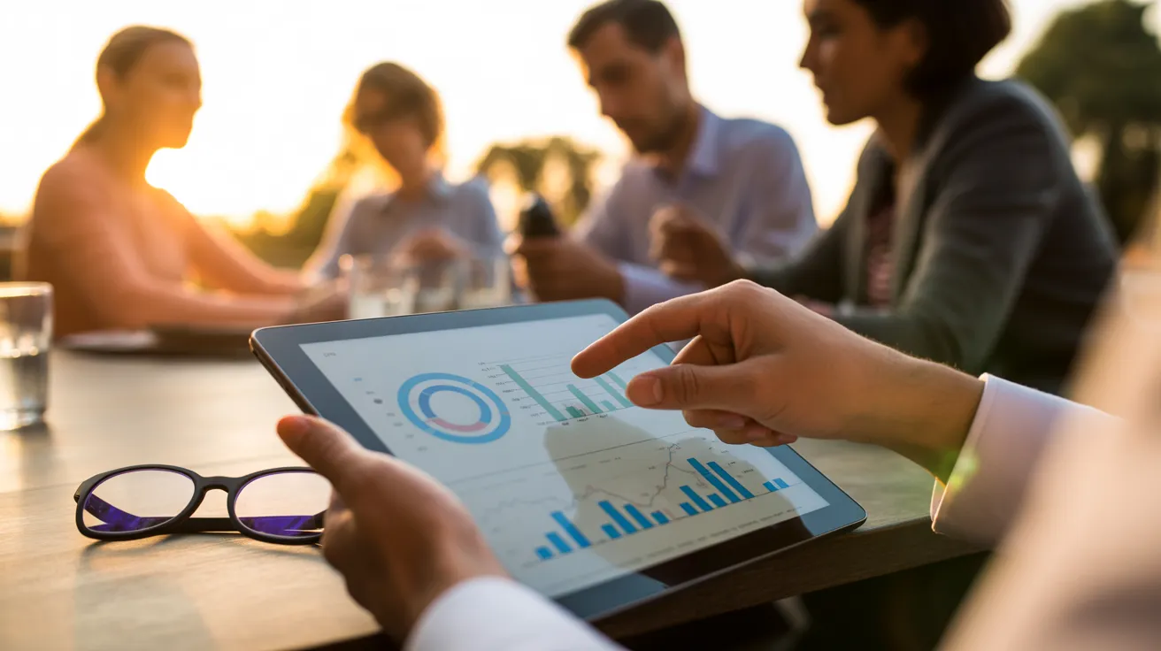 A person's hand points to a graph on a tablet during a team meeting on an outdoor terrace at sunset.