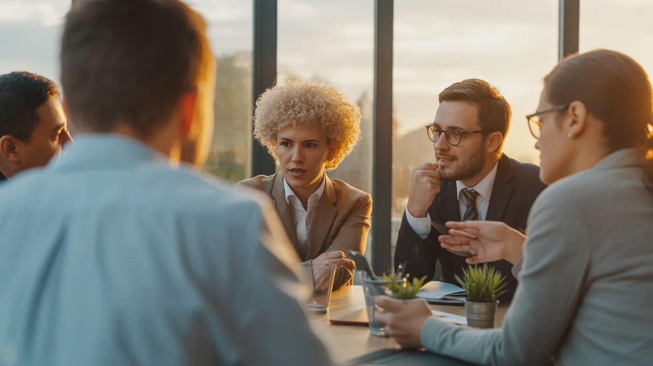 An over-the-shoulder view of a diverse team collaborating in a well-lit meeting room during golden hour.