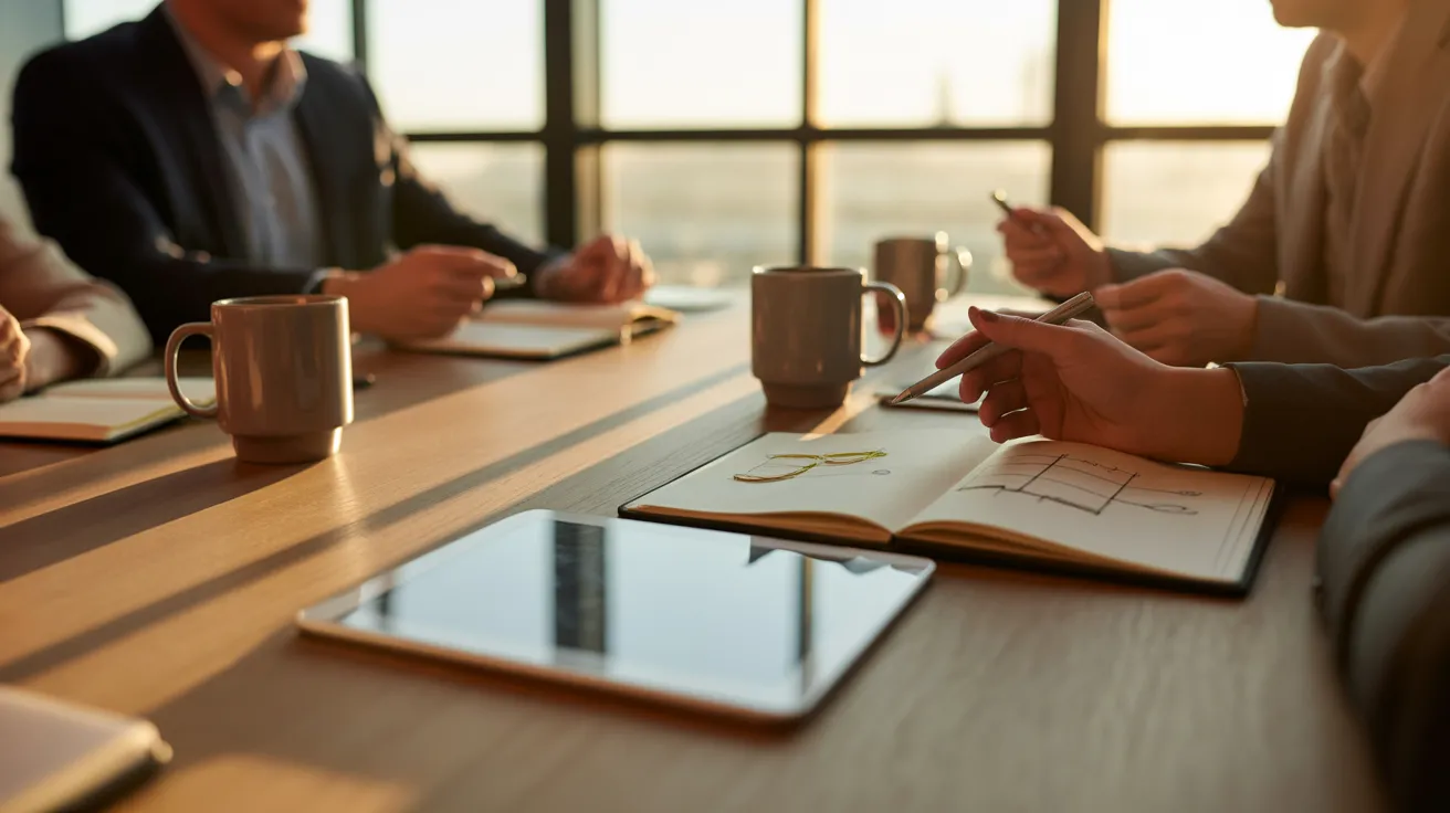 A close-up of a meeting room table with notebooks and a tablet, bathed in the warm glow of late afternoon sun.