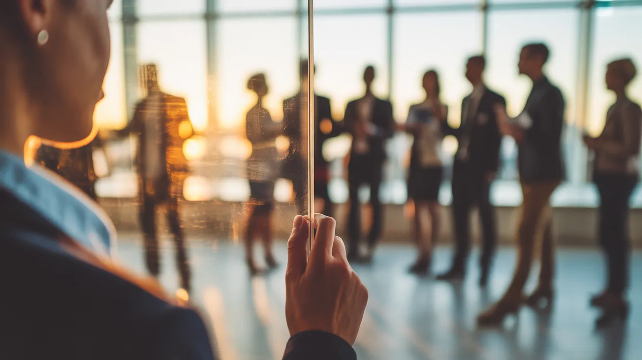 A diverse team of professionals collaborating in a meeting room during sunset, with focus on a person viewing a whiteboard.