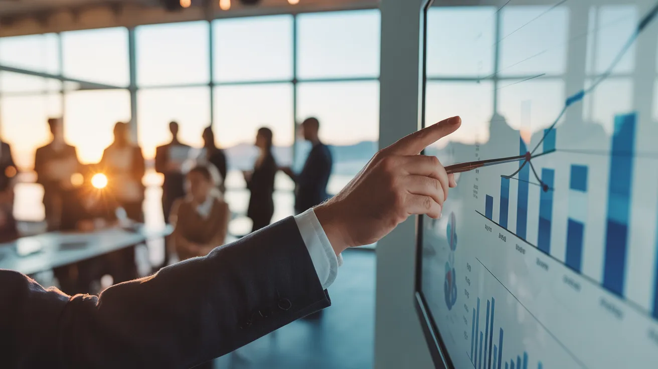 A presenter's hand points to a chart on a screen during a business meeting as colleagues watch. The room is filled with warm, late-afternoon sunlight.