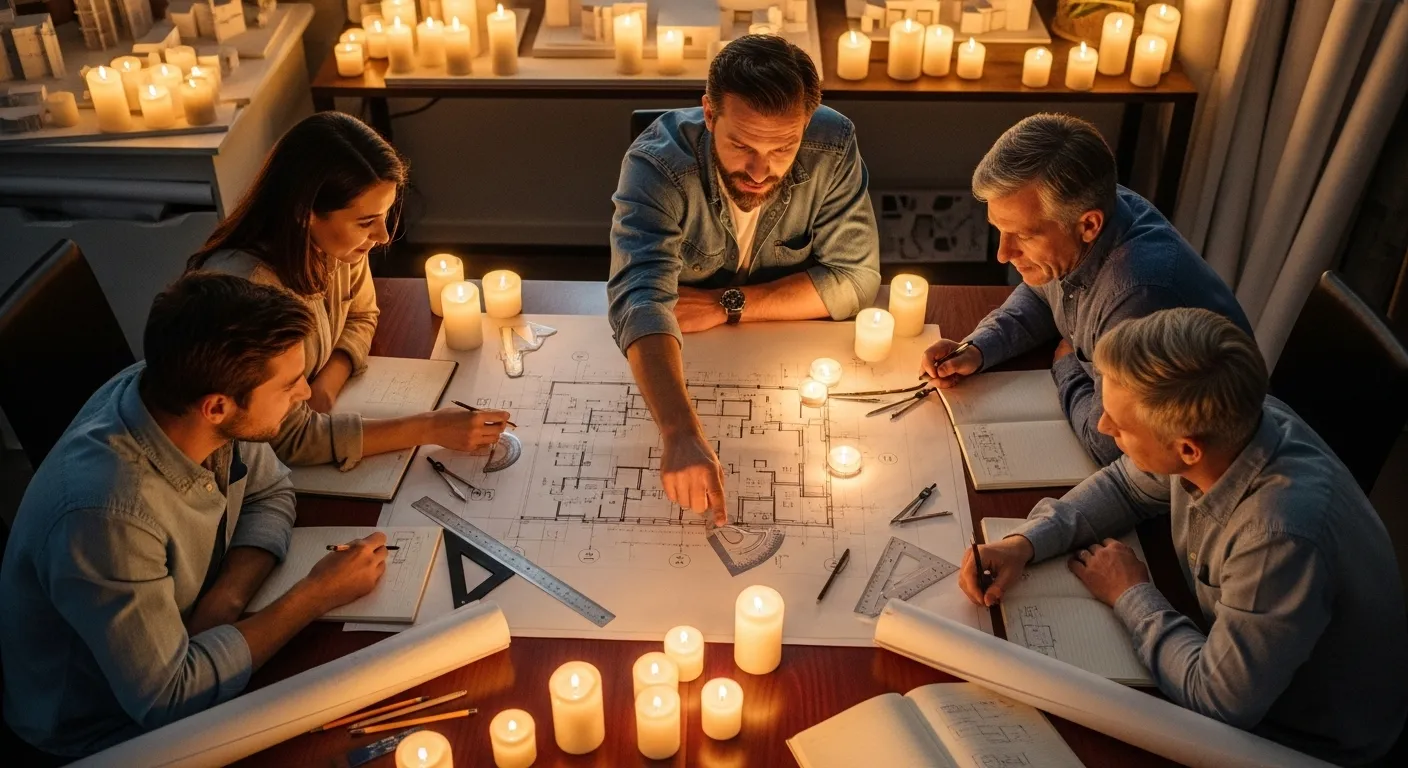 A top-down view of a team meeting around a candlelit table, examining architectural blueprints and notes in a workshop setting.