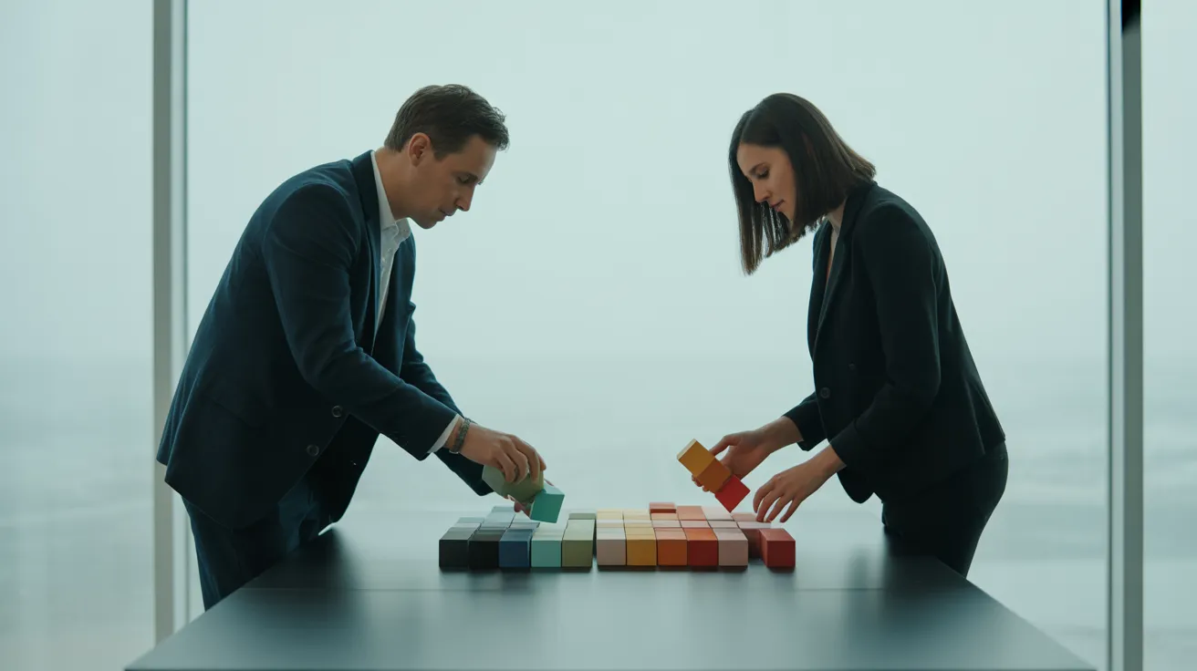 Two colleagues in a bright, modern office work together to sort colorful geometric shapes on a large table, illustrating focused organization.