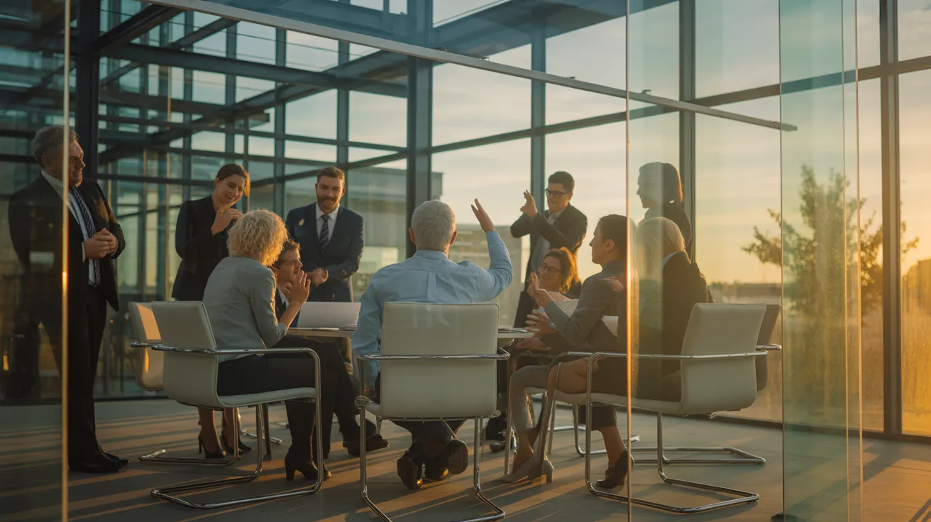 A diverse team of professionals in a sunlit meeting room, engaged in a collaborative discussion during a presentation.