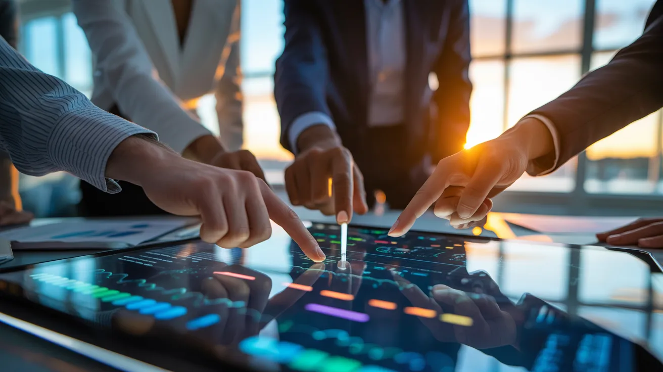 Close-up of several hands pointing and gesturing over a glowing tablet screen during a business meeting at sunset.