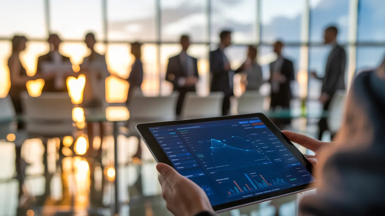 A close-up of a tablet with abstract charts during a team meeting, with colleagues collaborating in the background at sunset.