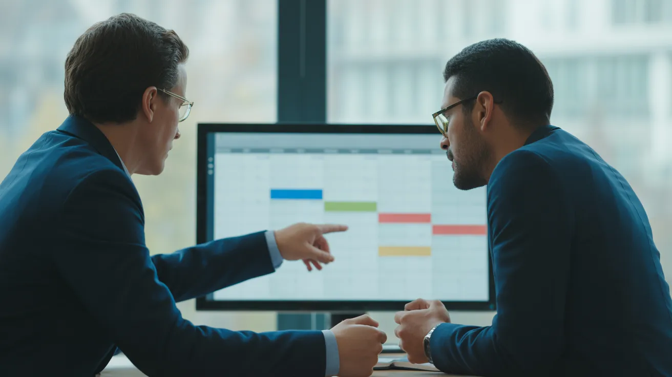 Two colleagues in a modern office discuss a project, looking at a large screen with a color-coded, abstract grid.
