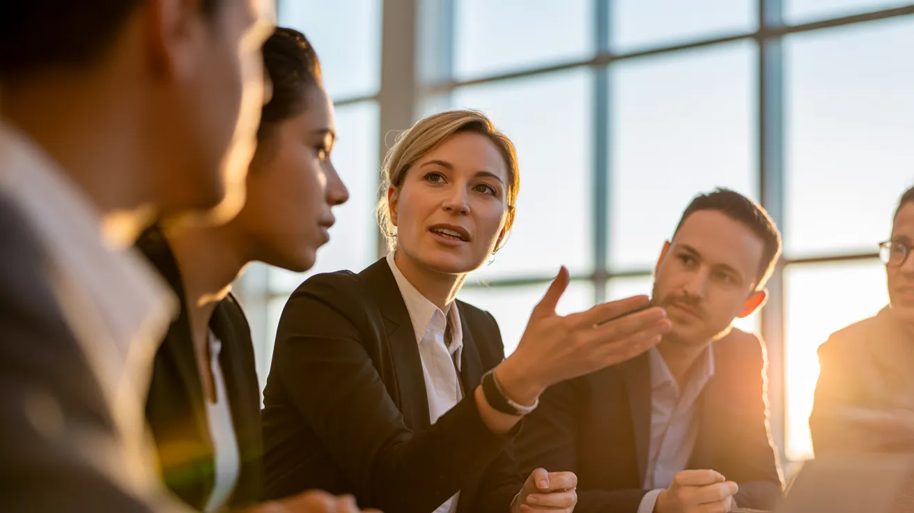 A diverse group of professionals engaged in discussion inside a meeting room, illuminated by warm golden hour sunlight from a window.