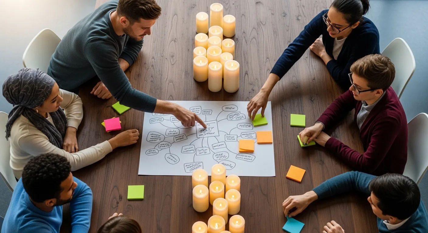 An overhead view of a team working by candlelight, collaboratively adding sticky notes to a large mind map on a table.