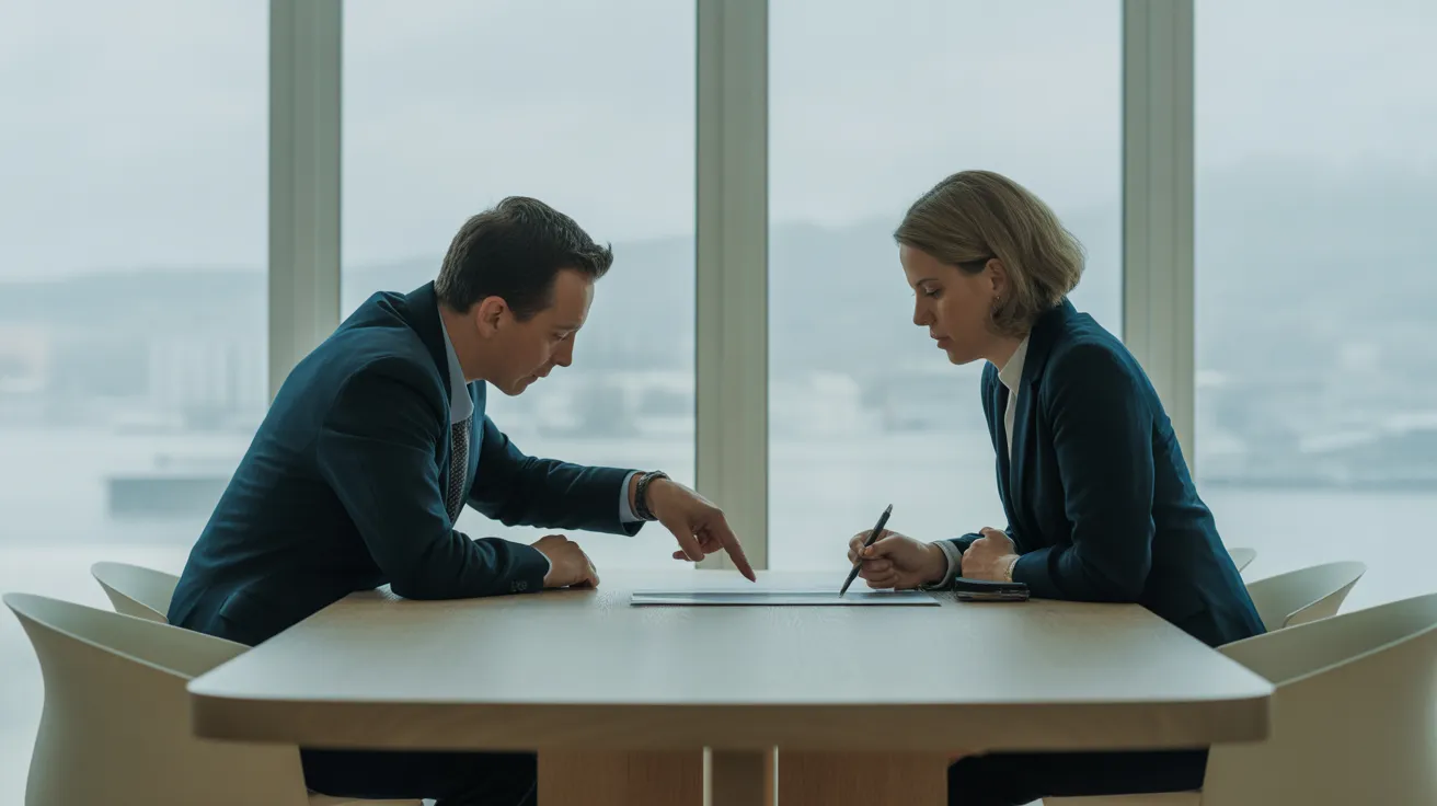 Two diverse colleagues discuss a document together at a desk in a bright, modern office with soft, overcast lighting.