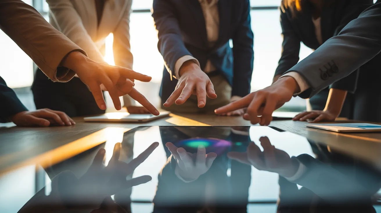 A close-up of several hands from a diverse team pointing at a tablet on a conference table during a meeting, lit by warm sunset light.