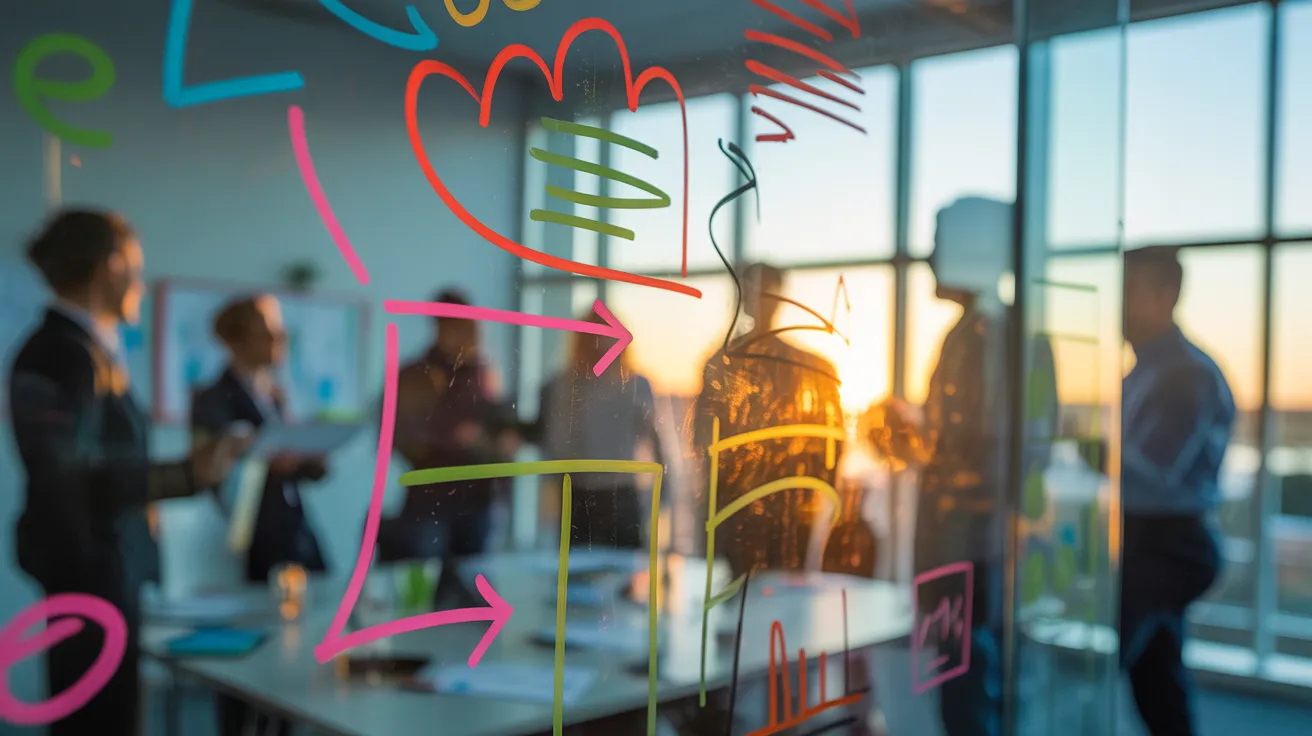 Close-up of a glass whiteboard with colorful, abstract notes during a team presentation in a sunlit meeting room.